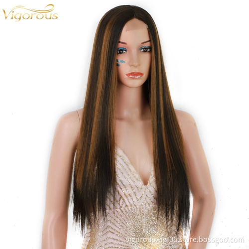 Long Straight Hair Extension Wigs 26 Inches Highlight Heat Resistant Full Cheap Women Synthetic Hair Wig With Lace Front
